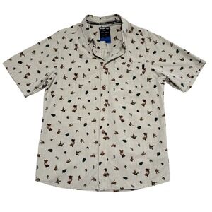 KAVU Juan Sasquatch Bigfoot Novelty Print Button Up Shirt Mens Medium Beige Camp